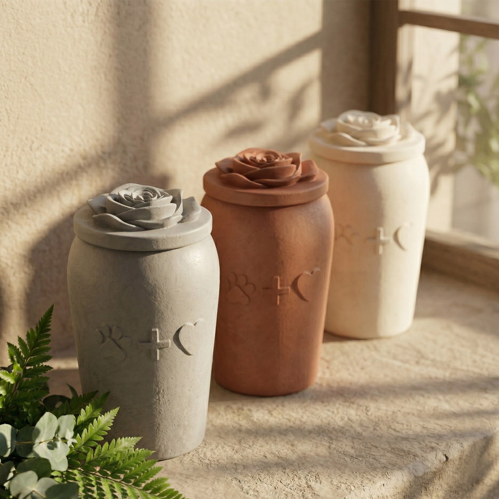 Assorted Colored Pet Urns by Window - Boowan Nicole