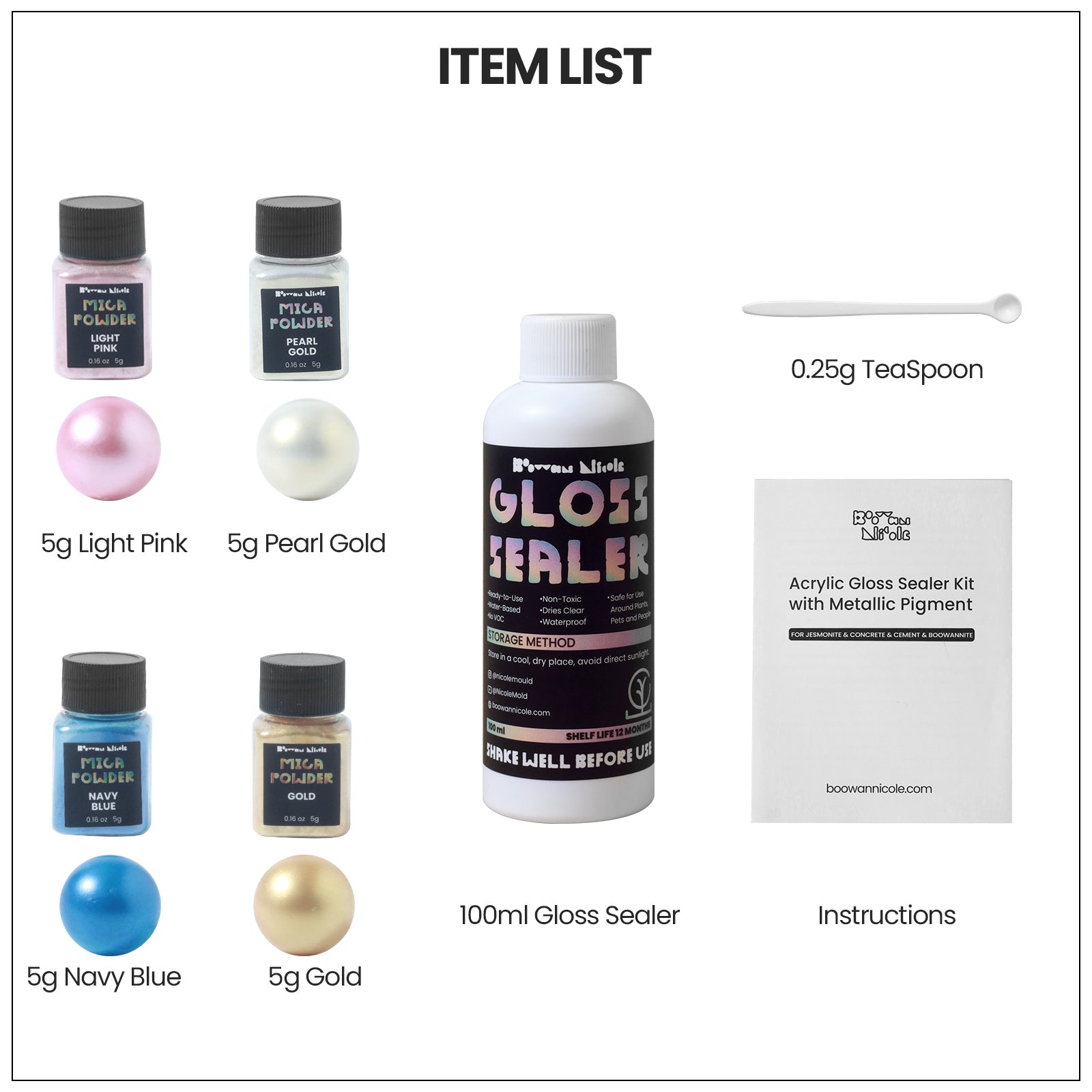 Glitter Colorable Acrylic Gloss Sealer Varnish with Mica Powder Kit-4 of Mixed Colors