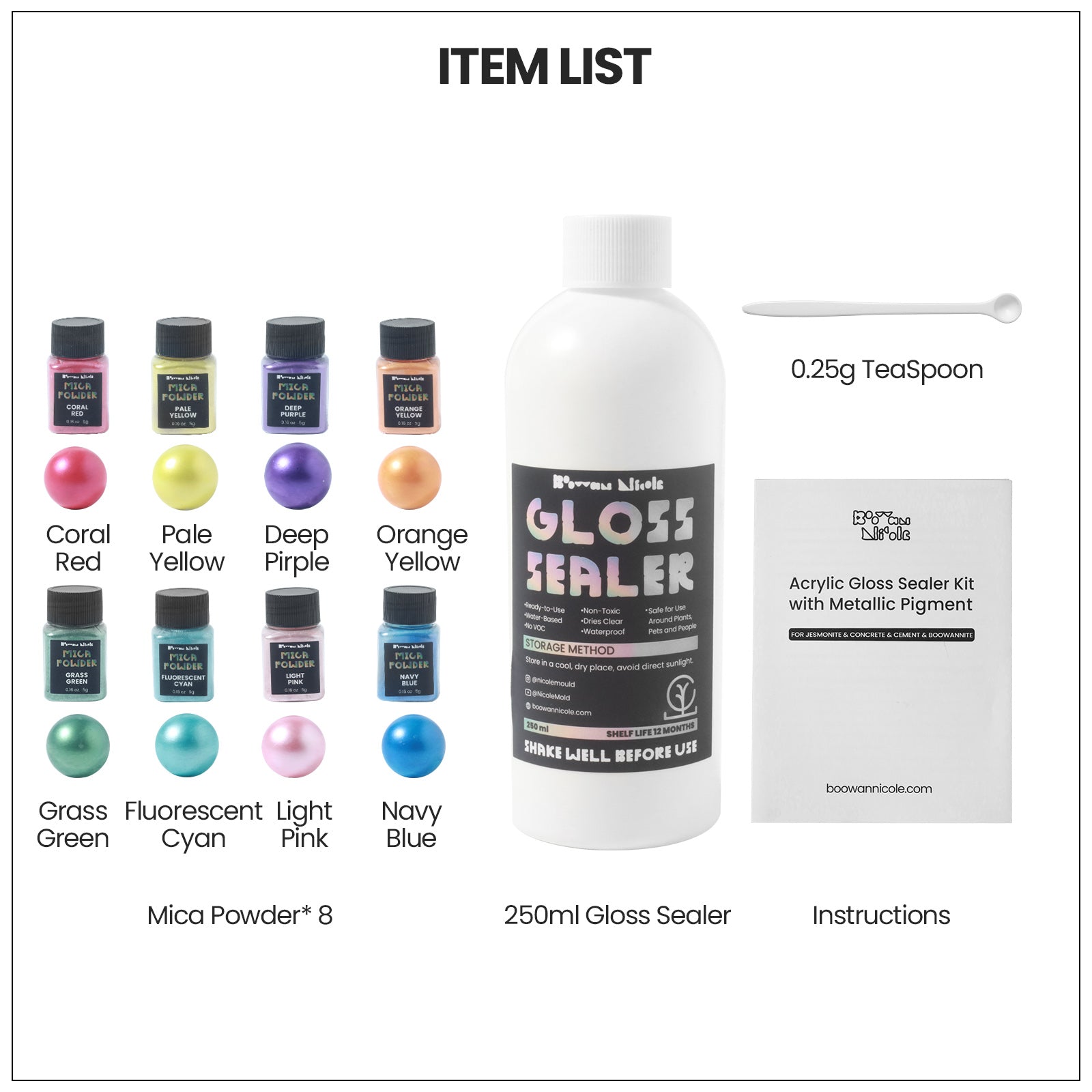 Glitter Colorable Acrylic Gloss Sealer Varnish with Mica Powder Kit-8 of Vivid Colors