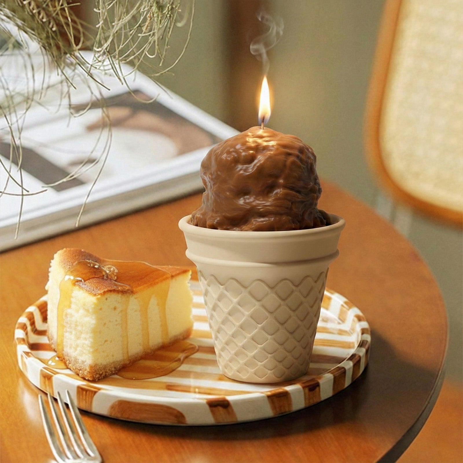 Lit chocolate ice cream scoop candle in a white waffle cone holder, styled on a wooden table with a slice of cheesecake - Boowan Nicole