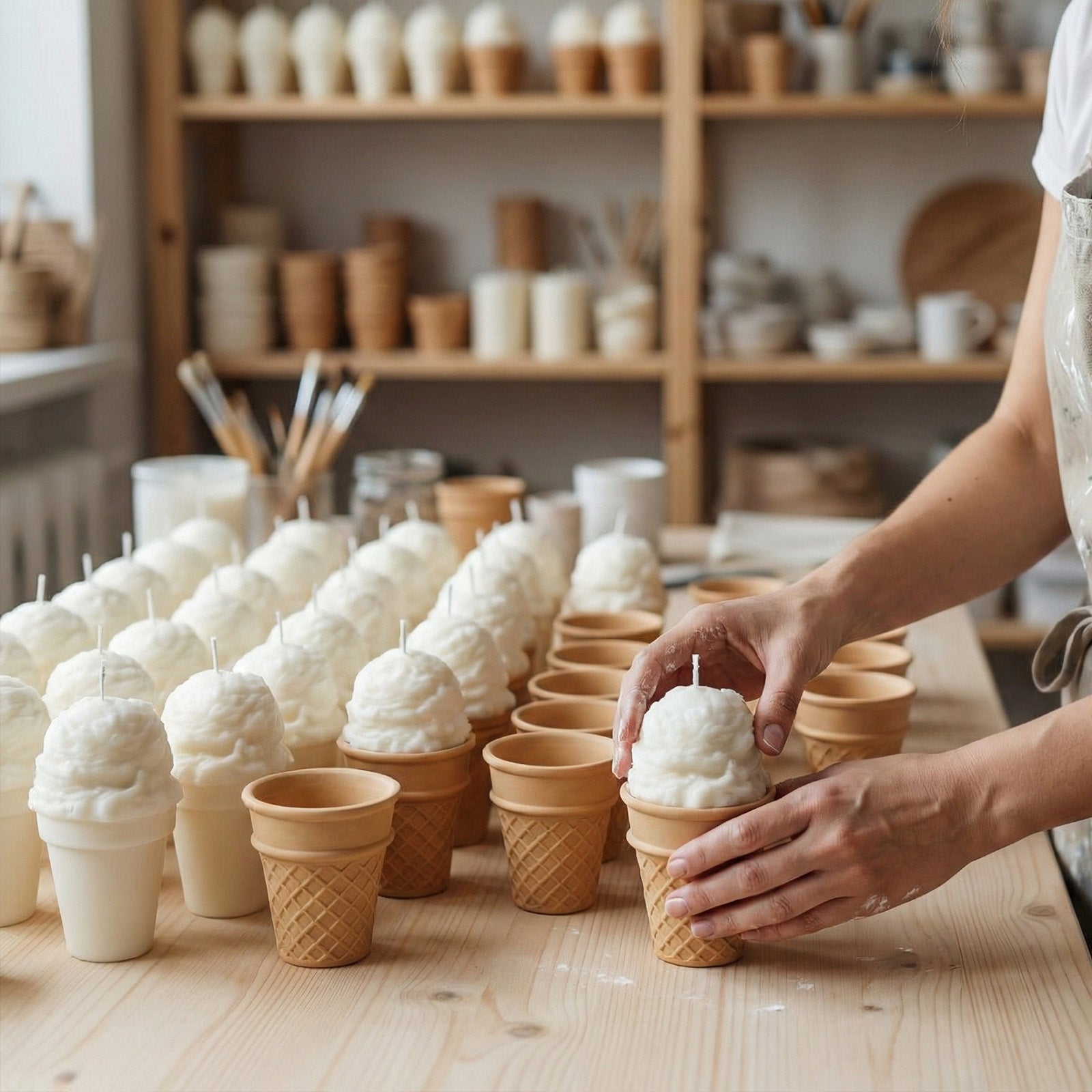 Artisan assembling vanilla ice cream cone candles in a pottery studio, with rows of finished candles and supplies - Boowan Nicole
