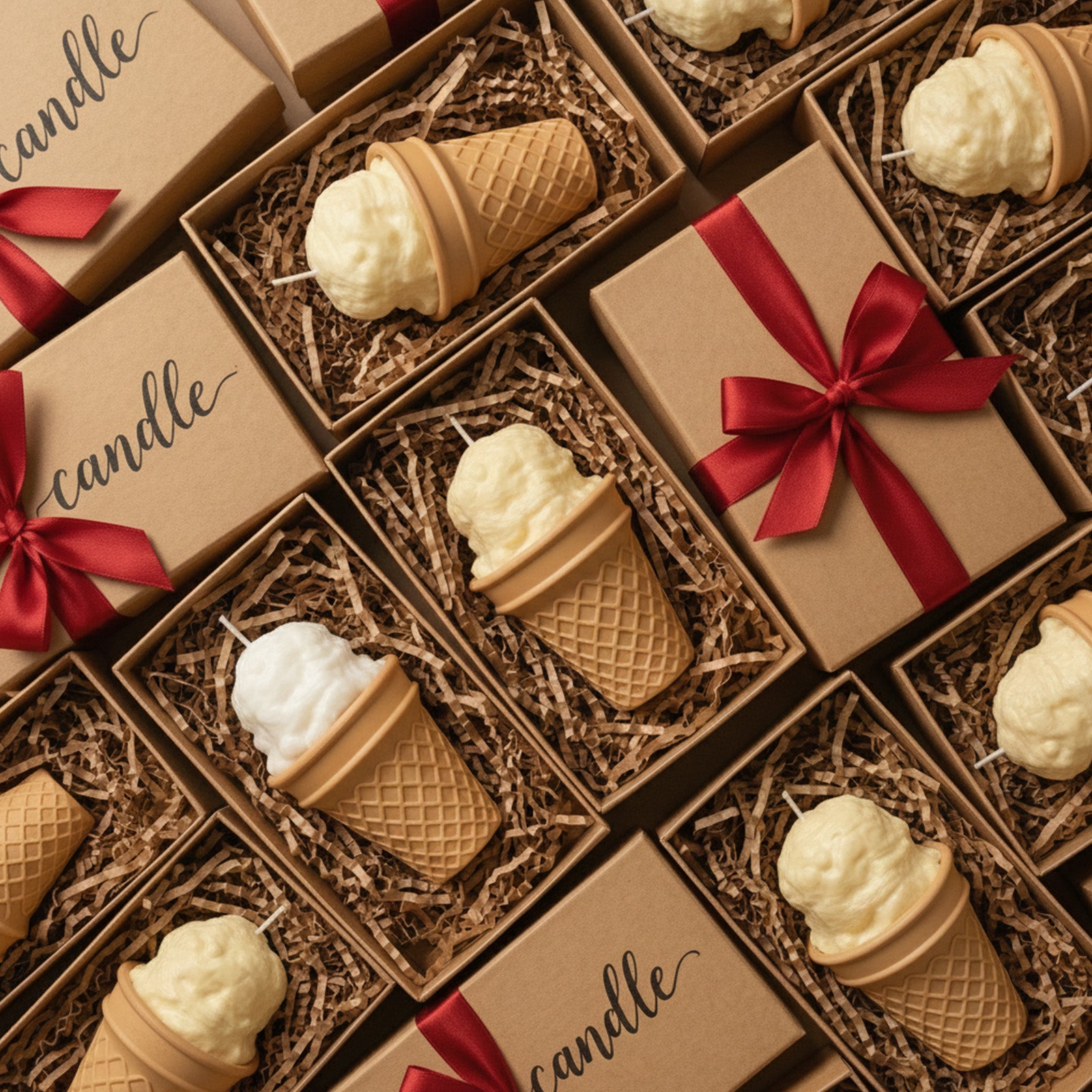 Flat lay of gift-boxed ice cream cone candles in brown boxes with red ribbons, ready for gifting - Boowan Nicole