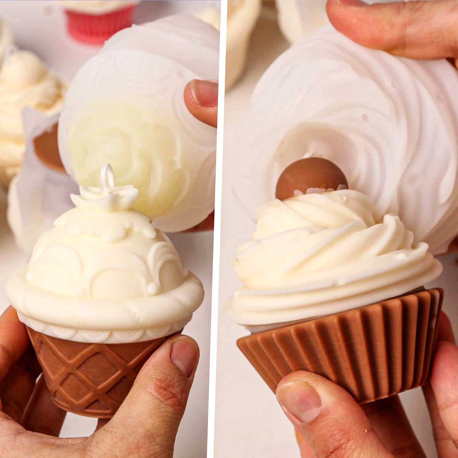 Step-by-step demolding of a white swirled cupcake candle from a silicone mold, revealing chocolate base - Boowan Nicole
