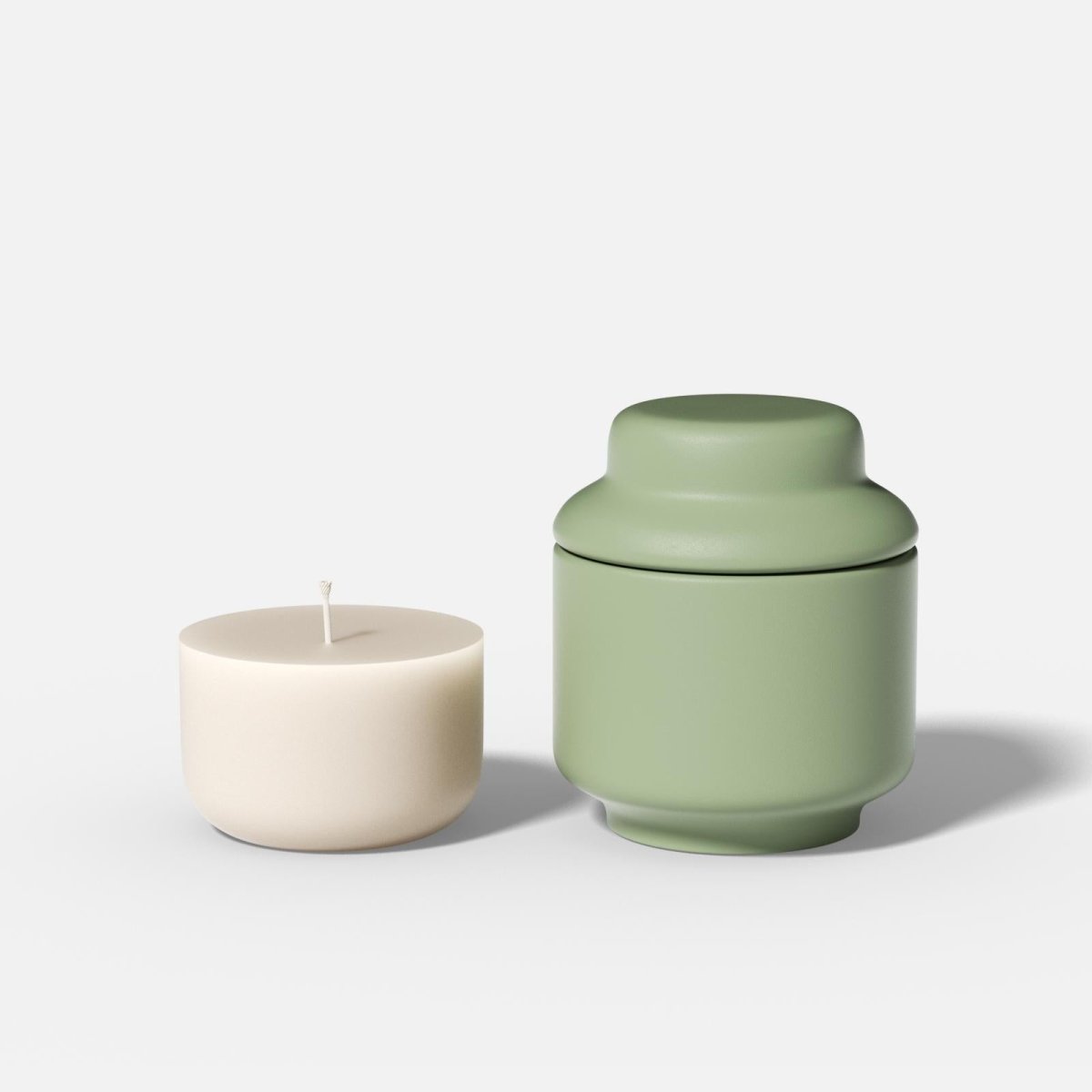 Minimalist green candle jar with lid and white refill candle - Boowan Nicole
