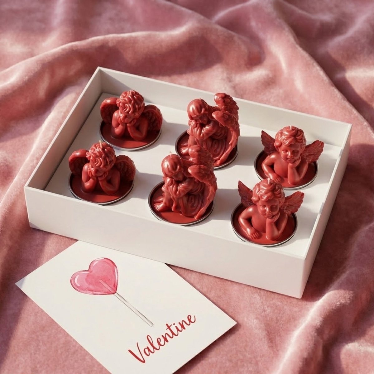 Valentine's Day red cherub angel tea light candle gift set in a white box with a heart card - Boowan Nicole