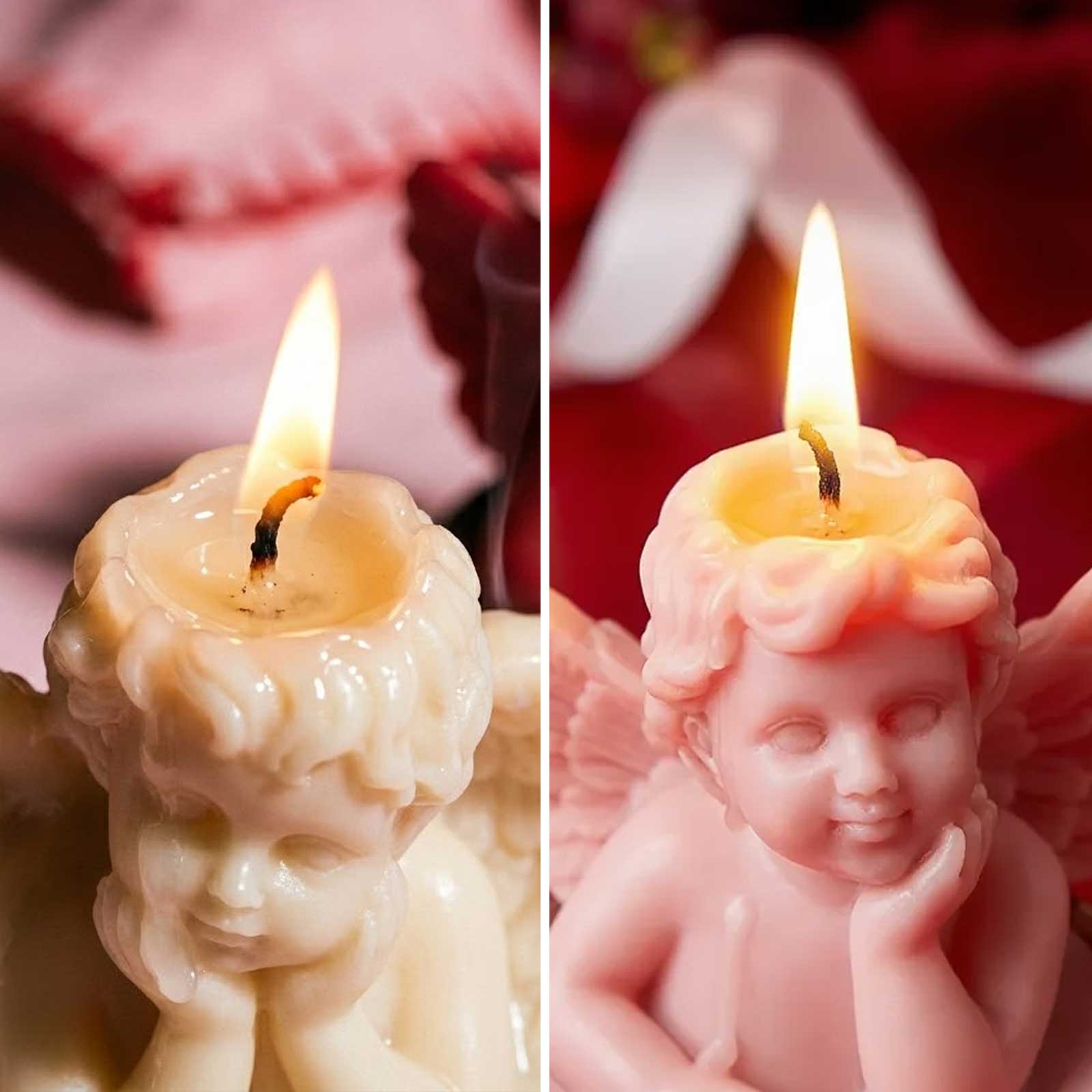 Close-up of lit cream and pink Cherub Angel tea light candles with detailed sculptural features - Boowan Nicole