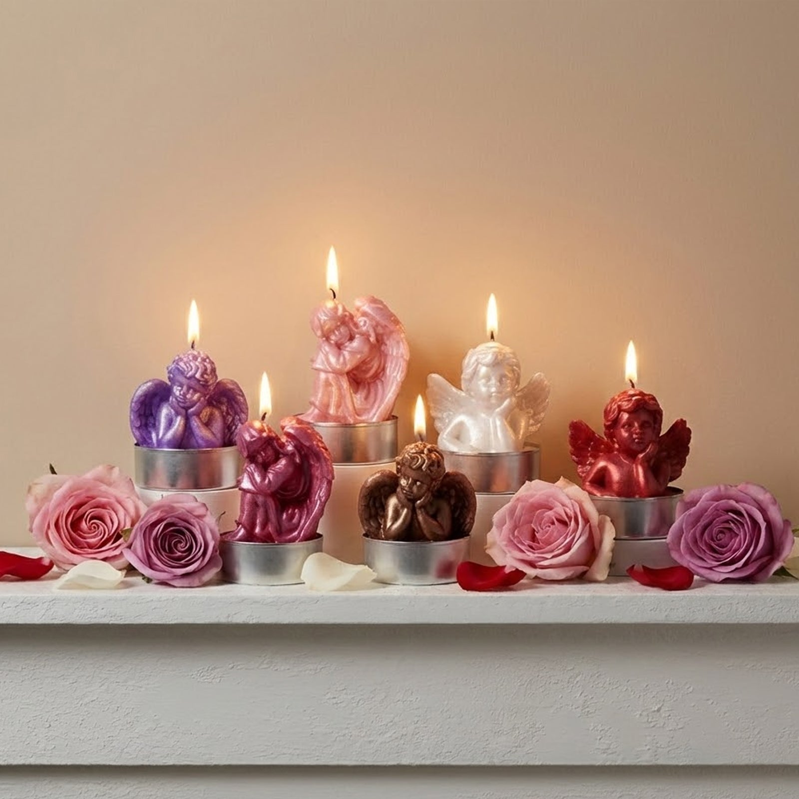 Collection of multi-colored metallic Cherub Angel tea light candles, shown lit and decorated with pink roses for a romantic setting - Boowan Nicole