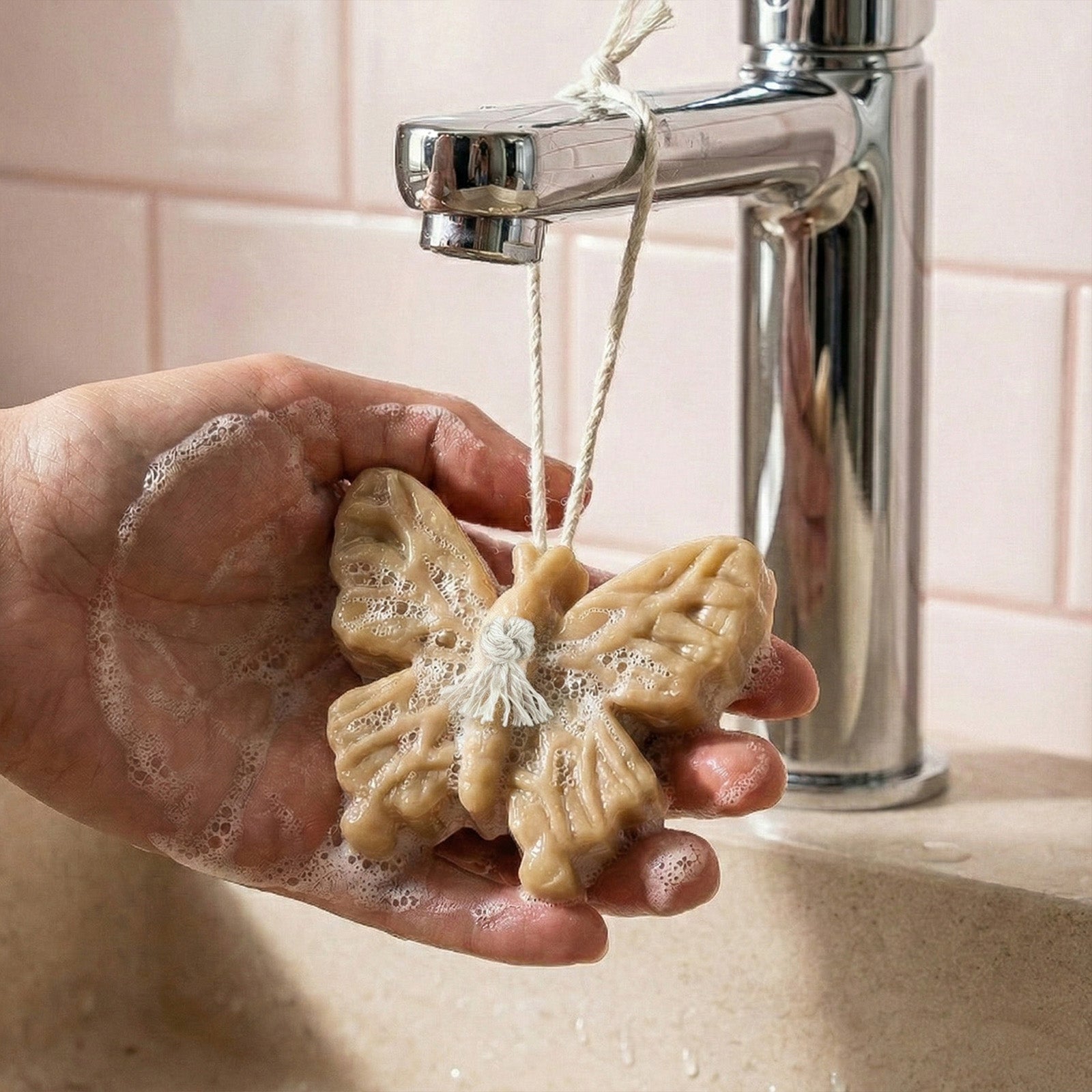 Hand holding a hanging beige butterfly soap with lather under a faucet - Boowan Nicole