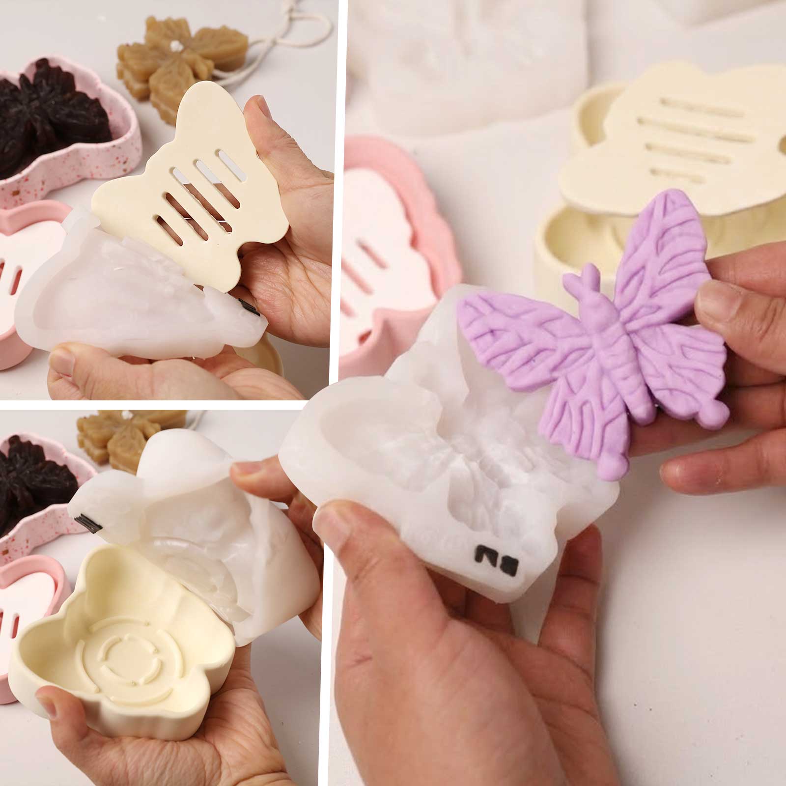 Demolding finished butterfly soap and dish pieces from silicone molds - Boowan Nicole