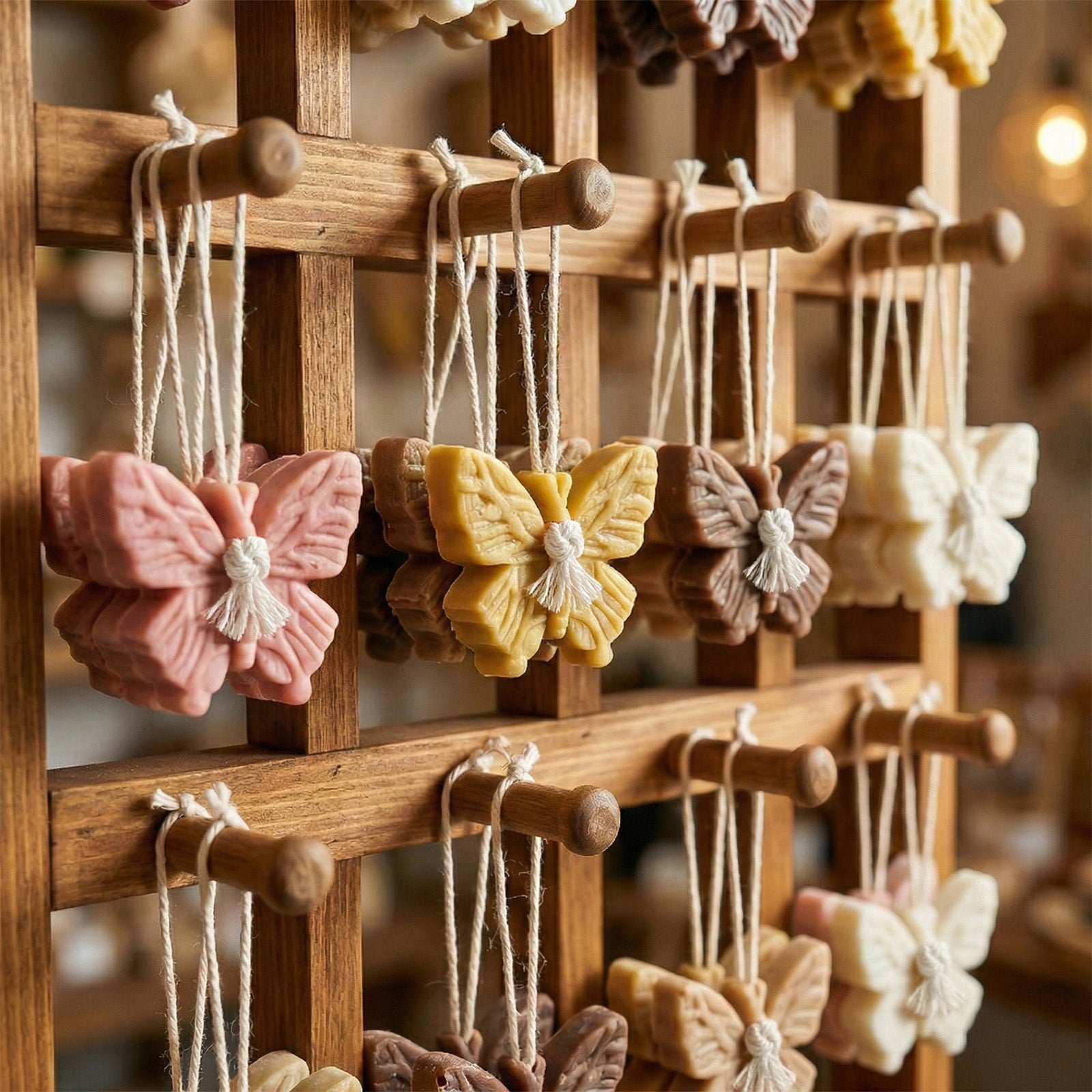 Assortment of hanging butterfly-shaped soaps in various earthy tones displayed on a wooden rack - Boowan Nicole
