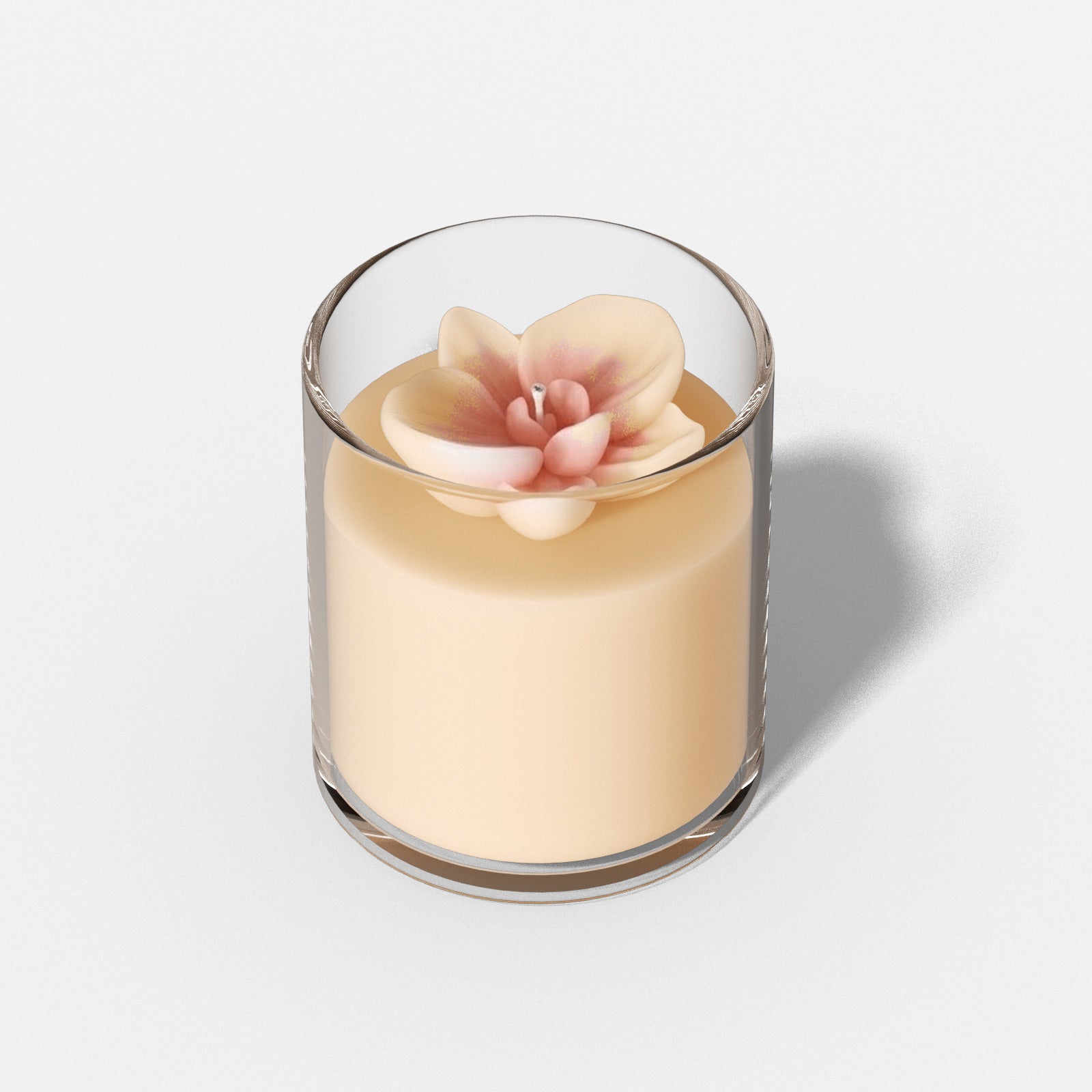A glass jar candle with a 3D pink orchid topper, glowing softly when lit, showcasing delicate petal details. -Boowan Nicole