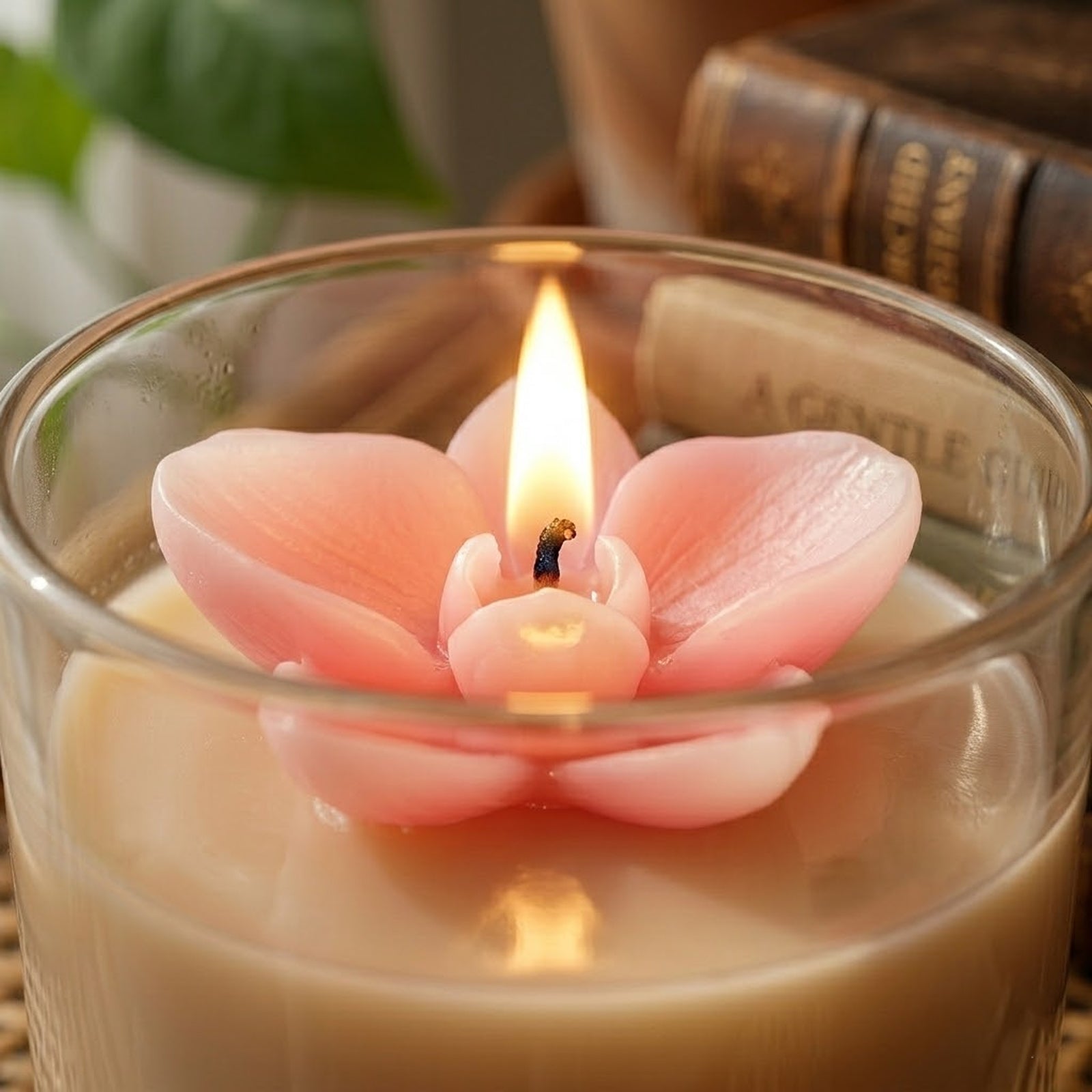 Close-up of a lit candle with a pink orchid wax topper, casting warm light and emphasizing the mold's realistic petal texture. -Boowan Nicole