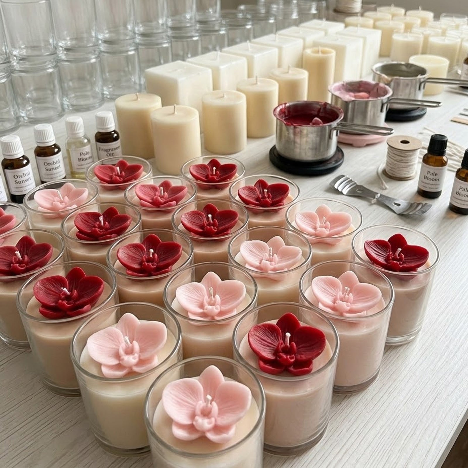 A production workspace filled with finished glass candles featuring pink and red orchid toppers, alongside wax pouring tools and supplies. -Boowan Nicole
