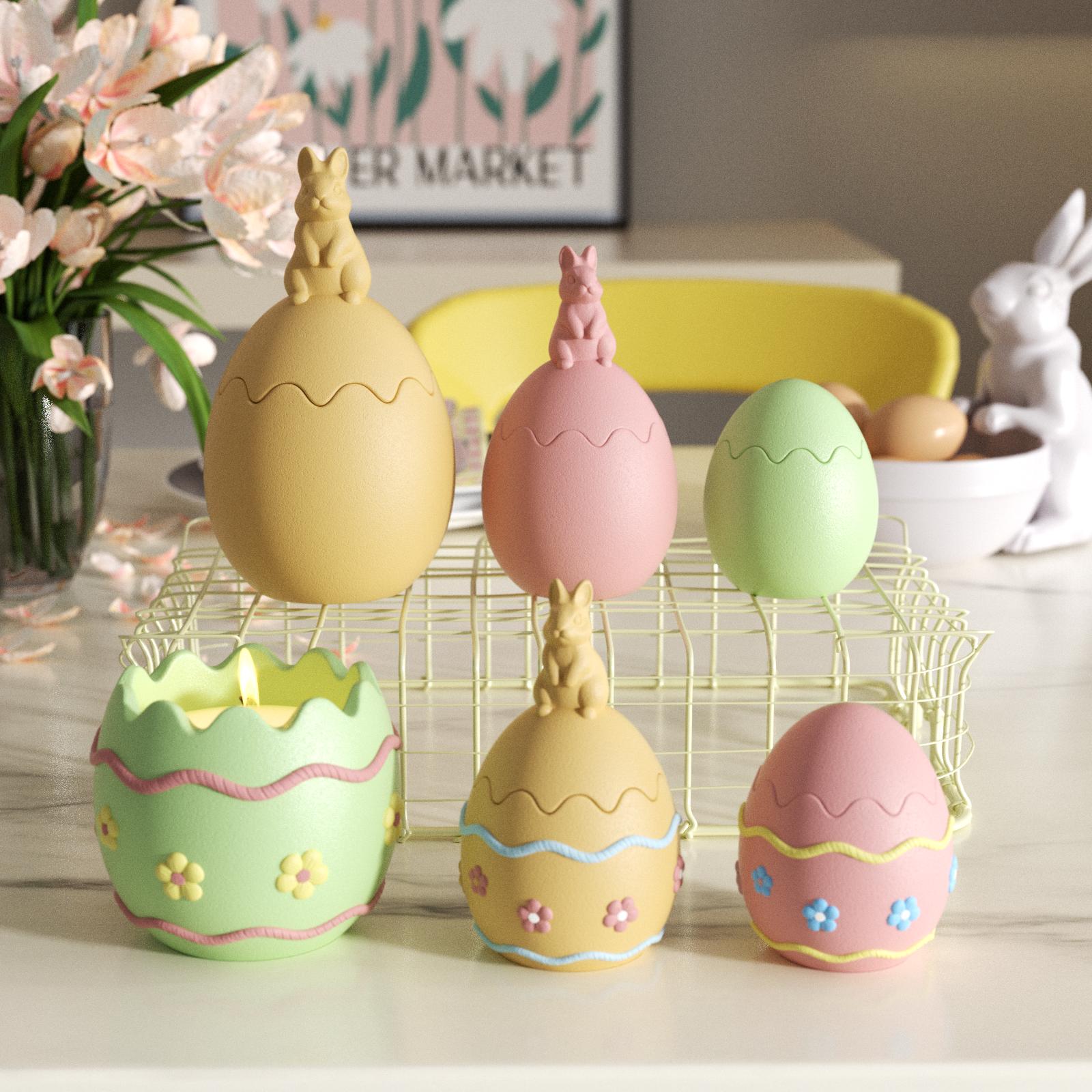 Коллекция силиконовых форм для свечей в банках в виде пасхальных яиц с цветочным кроликом сверху