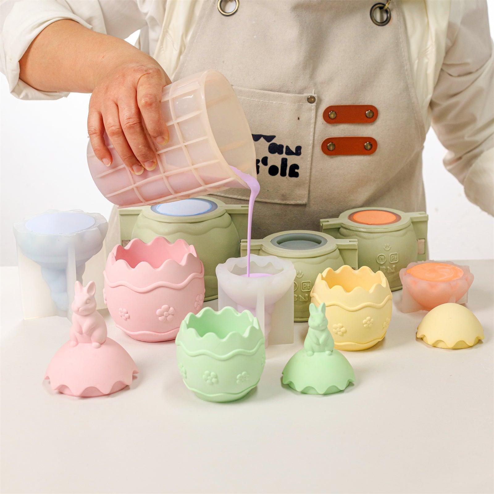 Коллекция силиконовых форм для свечей в банках в виде пасхальных яиц с цветочным кроликом сверху