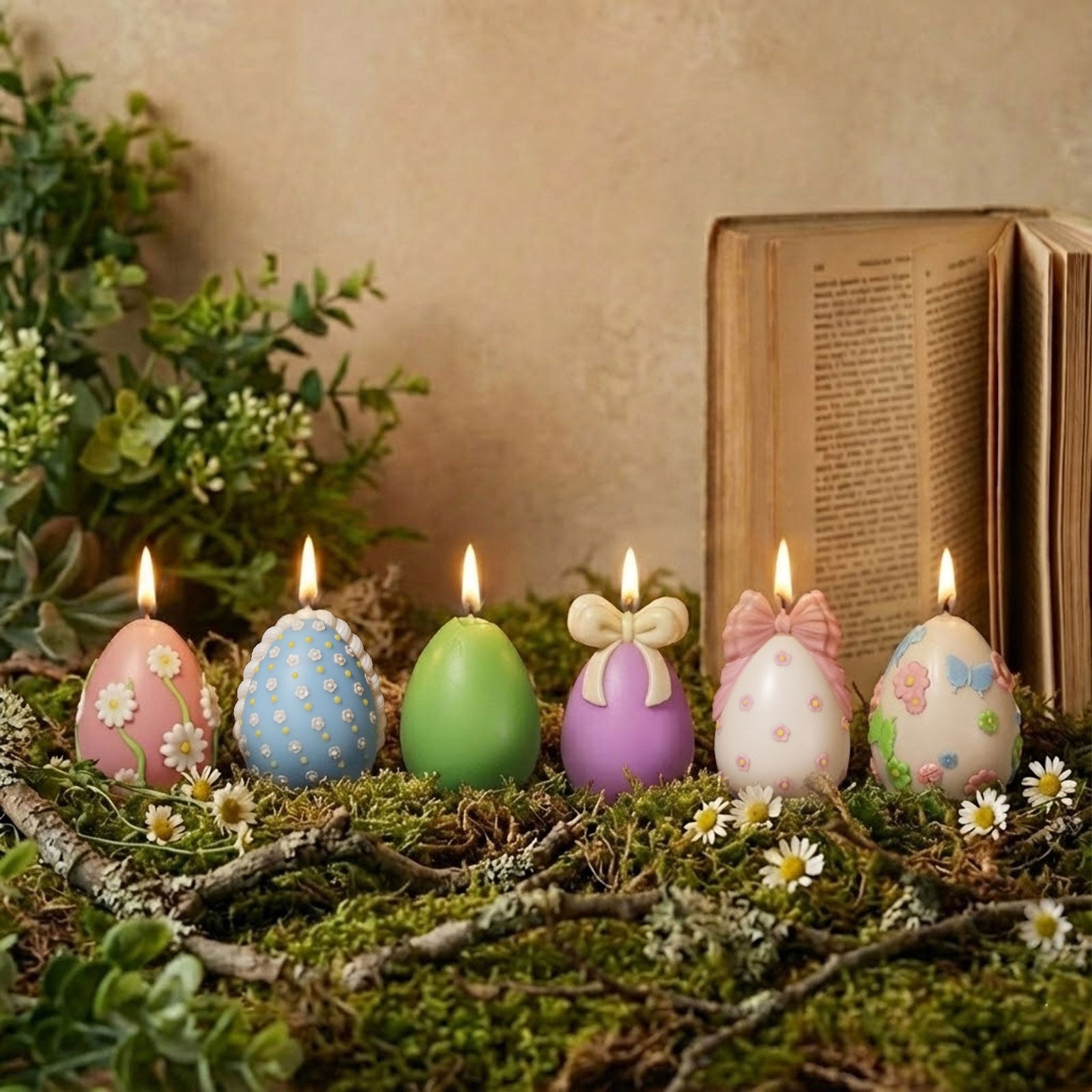 Six lit pastel Easter egg candles on moss for spring home decor - Boowan Nicole