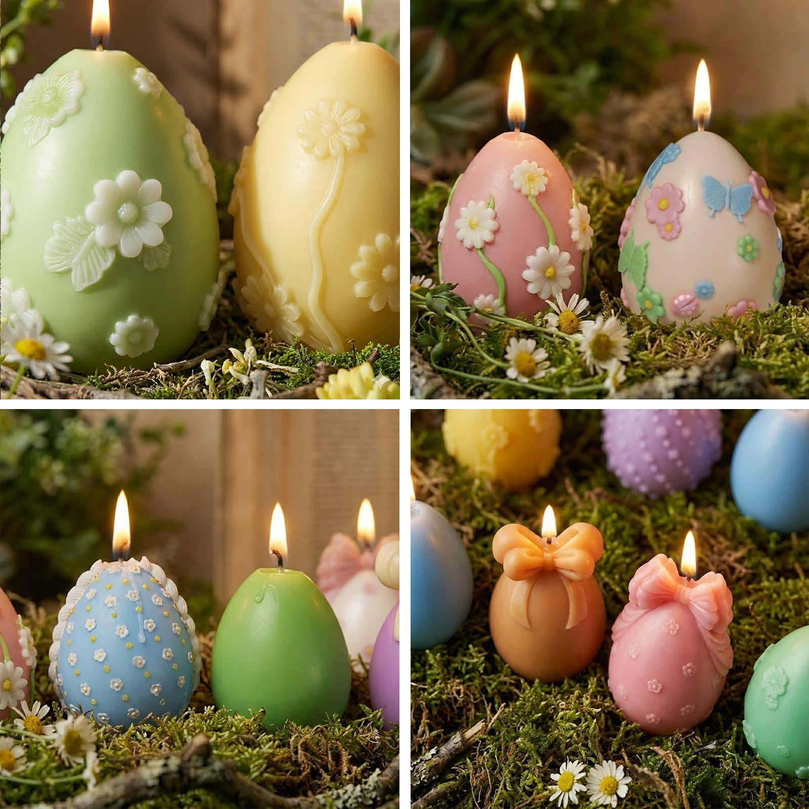 Close-up collage of decorative Easter egg candles with embossed flowers, butterflies, and bows - Boowan Nicole