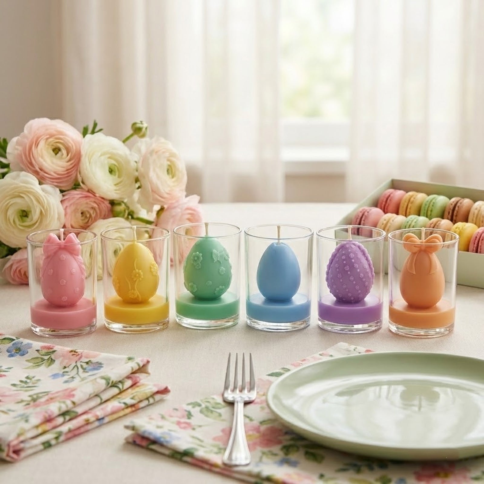 Six pastel Easter egg candles in glass holders for a spring-themed dining table setting - Boowan Nicole