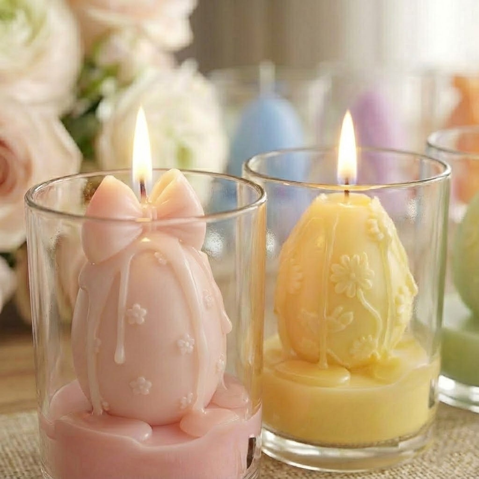 Decorative burning egg candles in glass jars, cozy spring home fragrance and table decor - Boowan Nicole