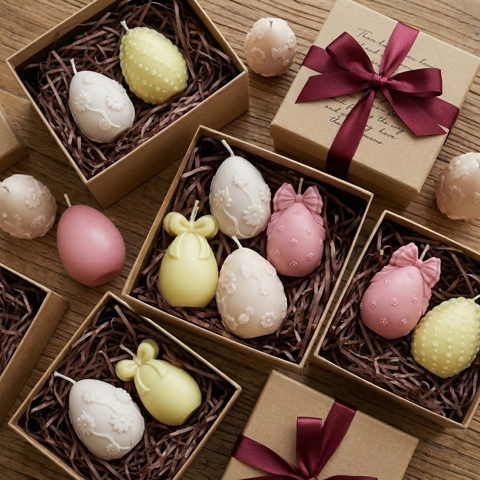 Easter egg candle gift sets in kraft boxes with burgundy ribbons and shredded paper filler - Boowan Nicole