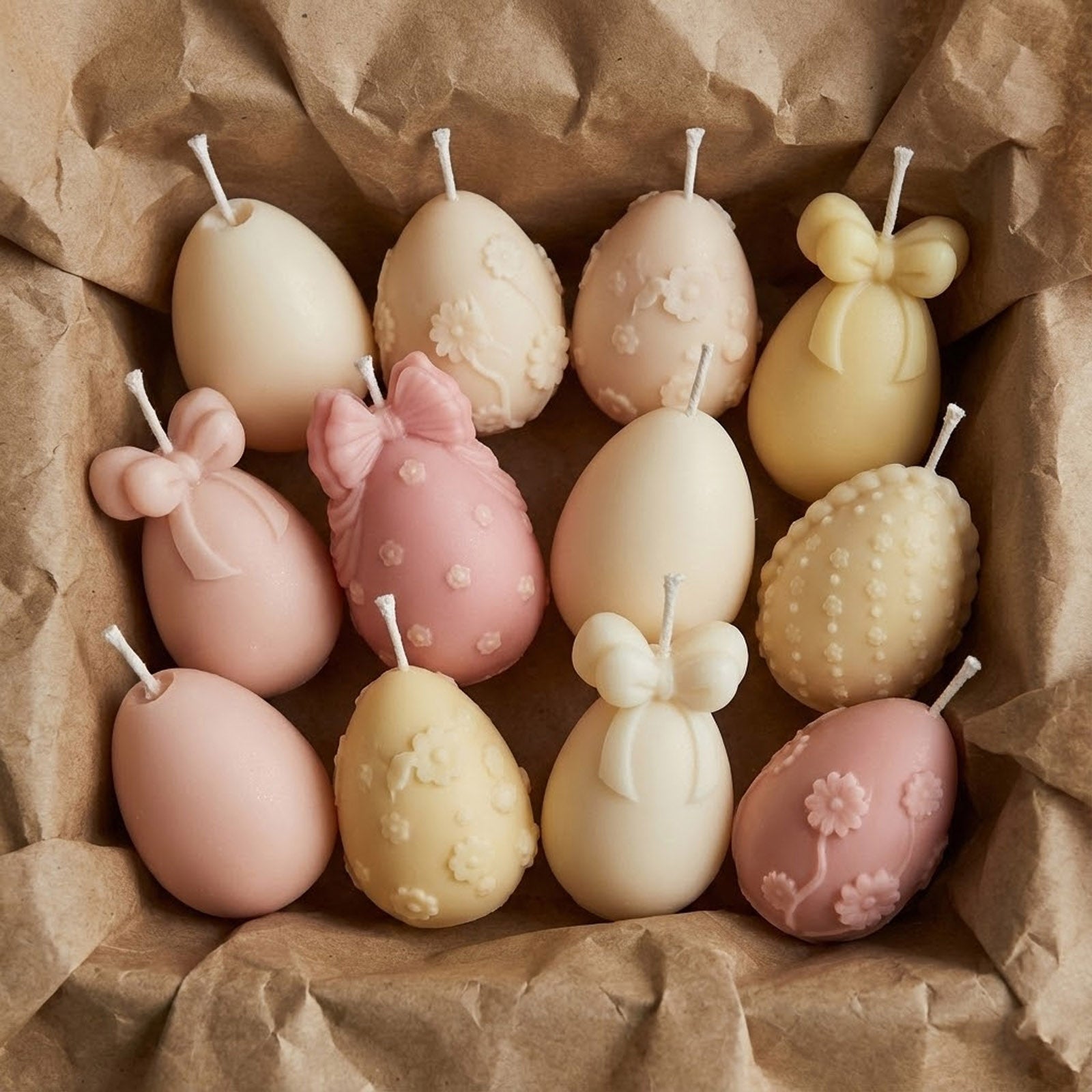 Pastel Easter egg candle gift set with floral and bow designs, presented as a rustic piece of home decor scenery - Boowan Nicole