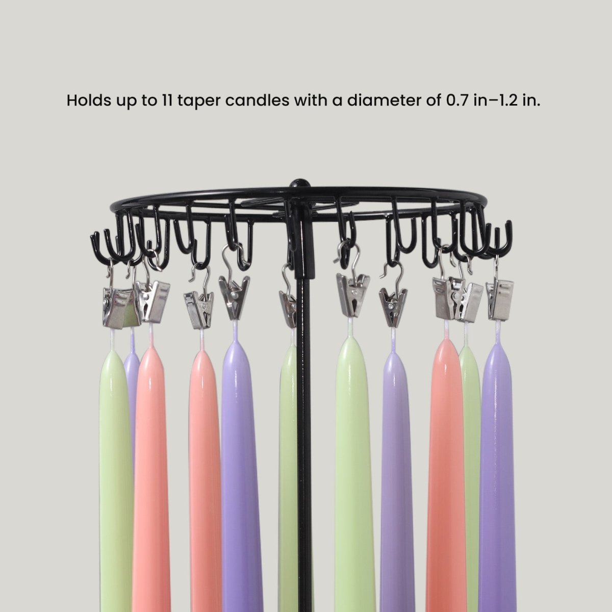 Holds up to 11 taper candles with a diameter of 0.7 in–1.2 in.