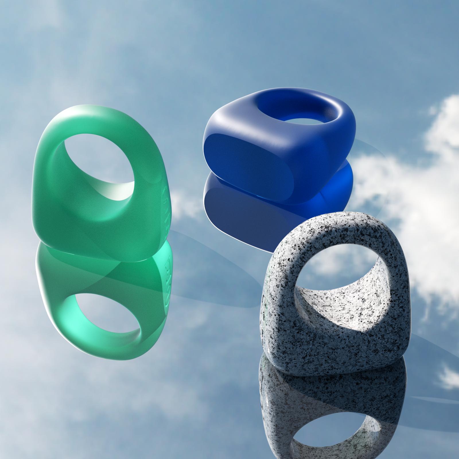 Ebrah-Studio x Boowan-Nicole geometric rings, crafted with silicone molds in green, blue, and stone-like textures, showcasing a modern aesthetic-Boowan Nicole