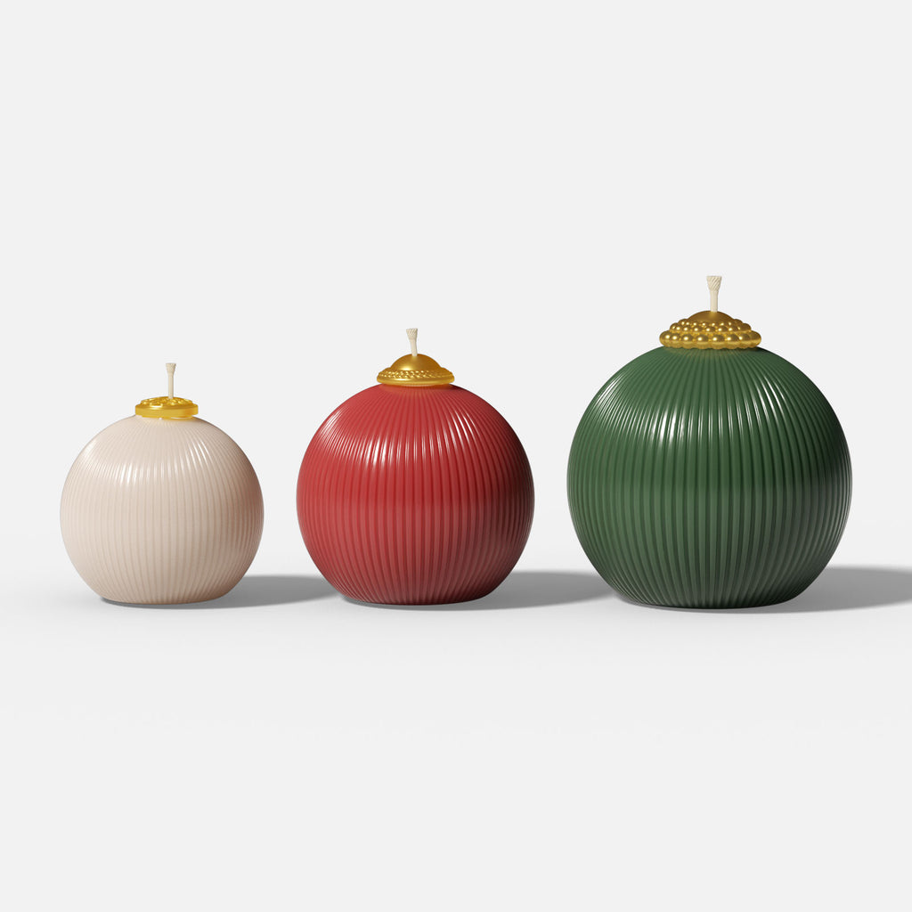 Ivory, red, and green ribbed Christmas bauble candles (S/M/L) with gold caps, glossy finish on white background - Boowan Nicole