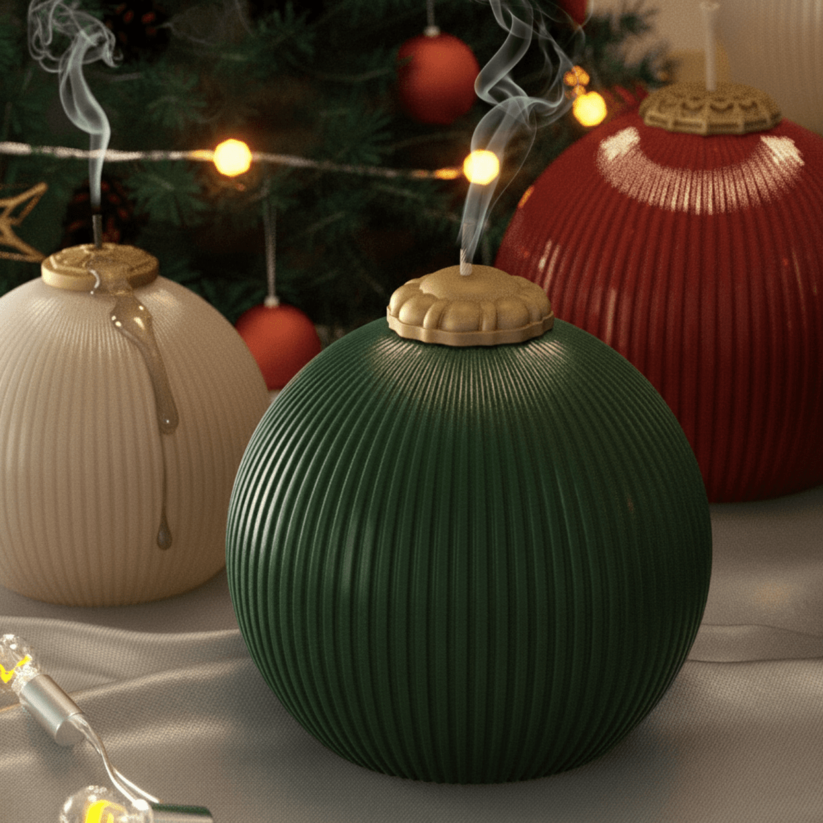 Green ribbed bauble candle with gold cap, smoke curling after burn; ivory candle with wax drip and red bauble behind, Christmas lights and tree - Boowan Nicole