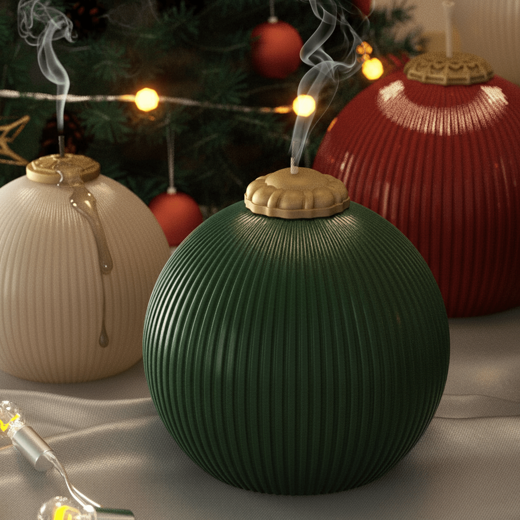 Green ribbed bauble candle with gold cap, smoke curling after burn; ivory candle with wax drip and red bauble behind, Christmas lights and tree - Boowan Nicole