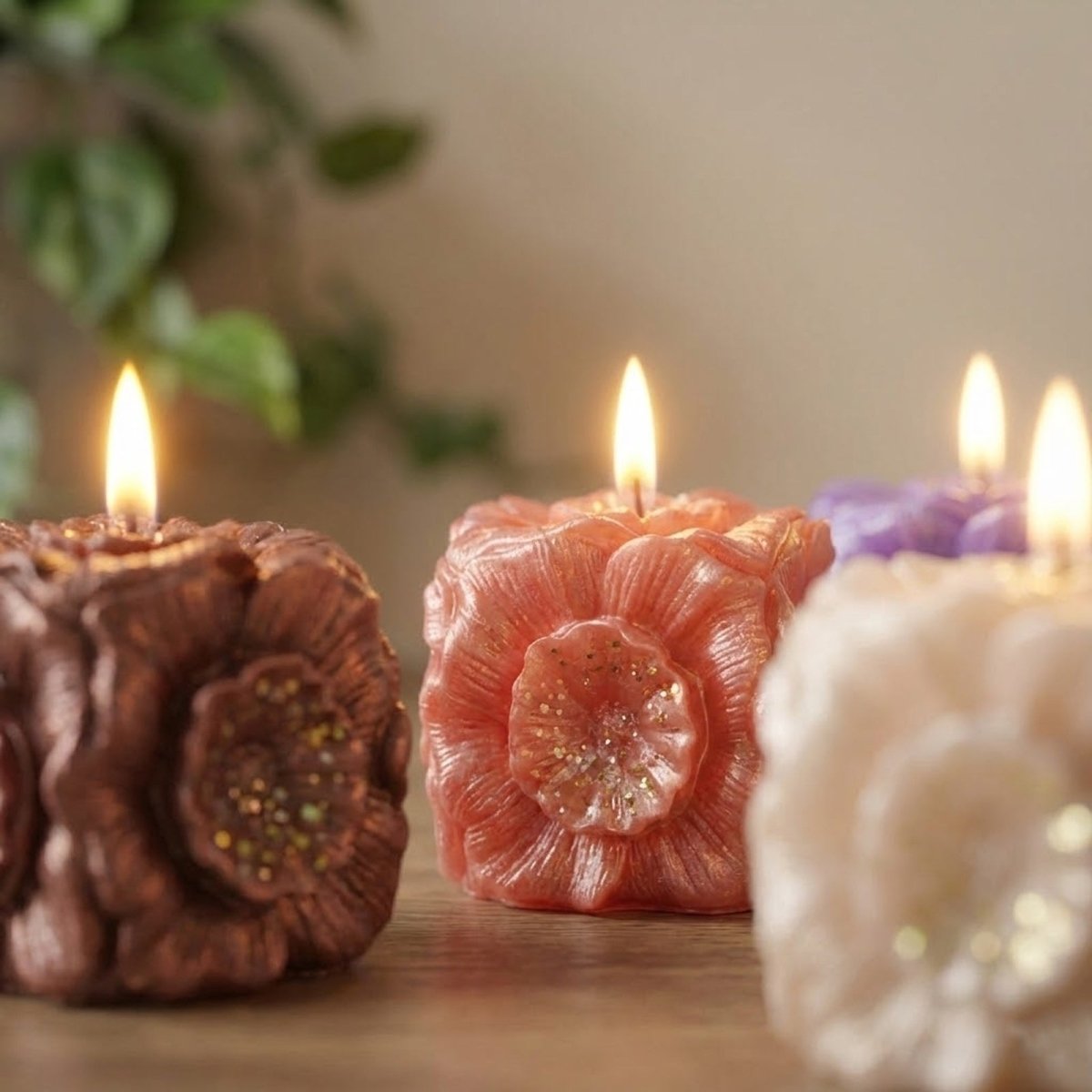 Lit multi-colored flower candles in warm setting - Boowan Nicole