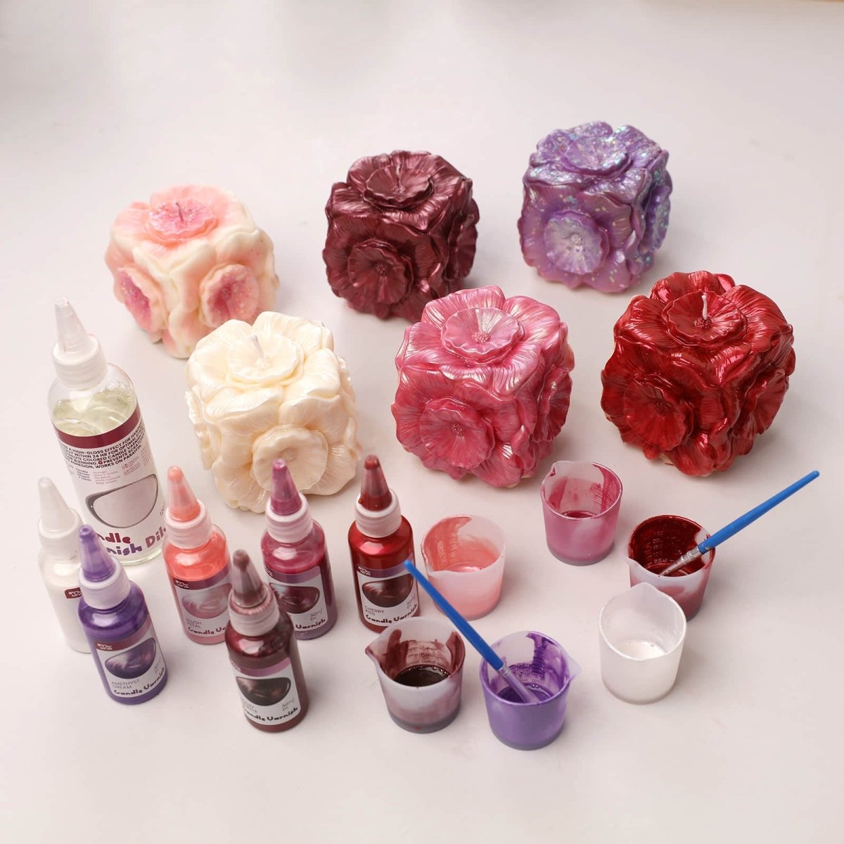 Candle painting supplies: varnishes, brushes & decorated flower candles - Boowan Nicole