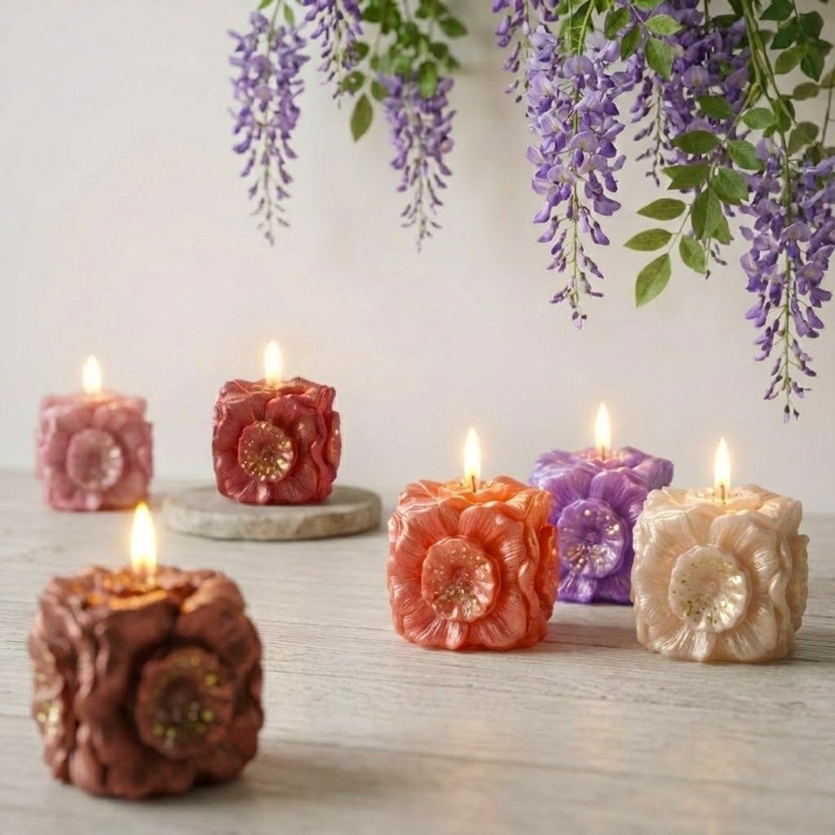 Lit colorful flower candles with wisteria decor - Boowan Nicole