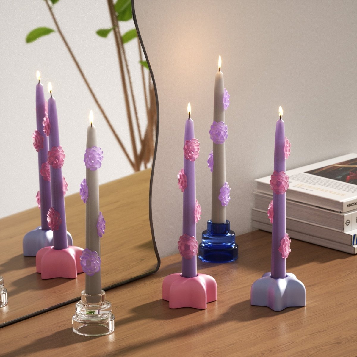 BLOSSOM Taper candle Camellia Mists Fade - Set of 2 Lavender & Silver - Long VersionCandleC0283-4