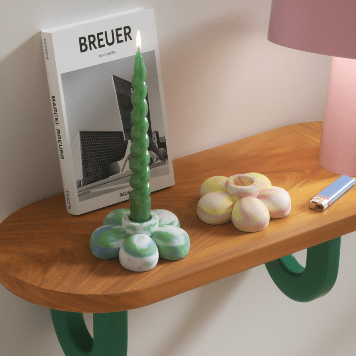 Green and blue gradient flower candle holder with a spiral candle, perfect for home decor and gift-giving-Boowan Nicole