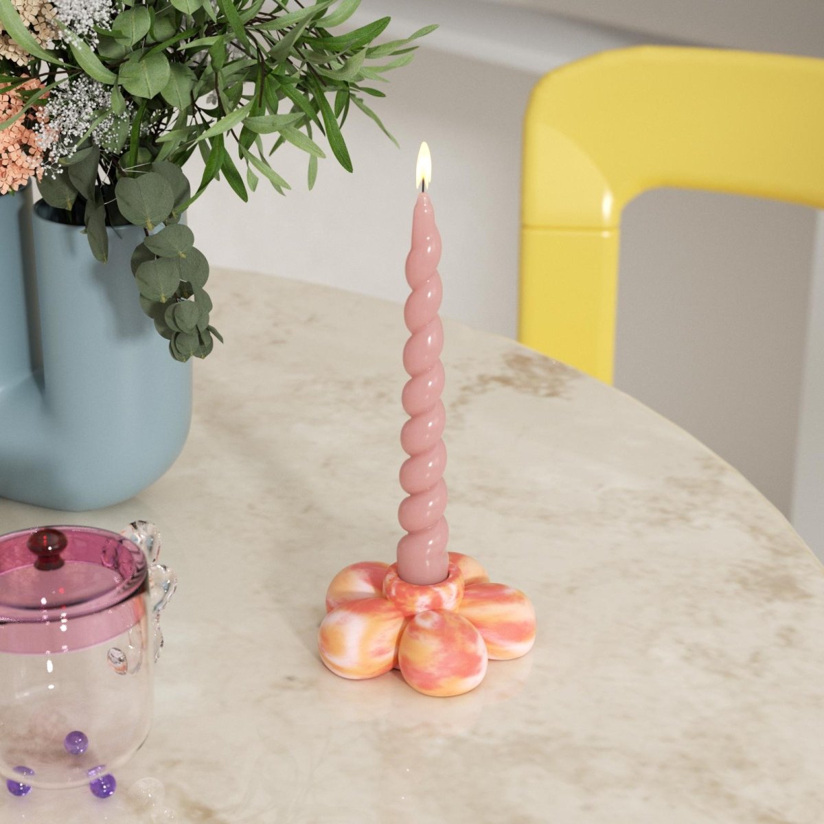 Floral gradient candle holder paired with a twisted candle adds a touch of elegance and vibrant color to any space-Boowan Nicole