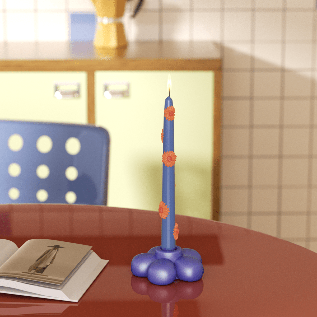 Blue flower-shaped candle holder paired with a floral-decorated taper candle, ideal for adding elegance to your home decor-Boowan Nicole