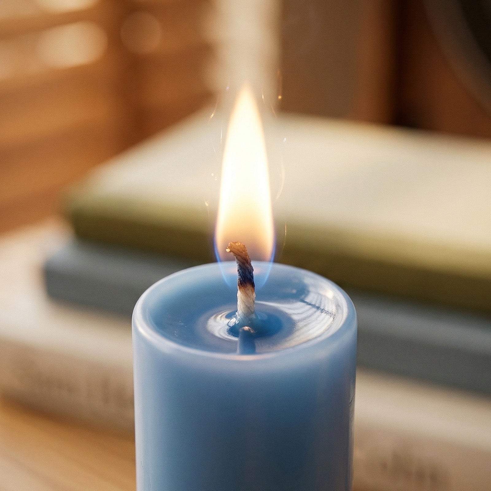 Close-up of a lit light blue taper candle, showing the burning wick and gentle flame glow. -Boowan Nicole
