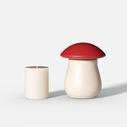 Mushroom-shaped candle jar with red cap lid and ivory body, shown beside a refill candle - Boowan Nicole