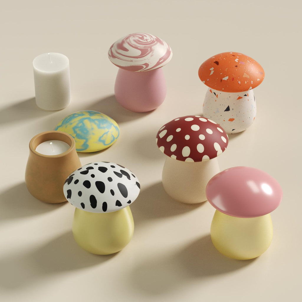 Assorted mushroom-shaped candle jars with colorful patterned lids and refill candles, displayed on a neutral background - Boowan Nicole