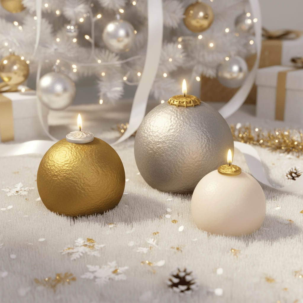 Lit hammered-metal bauble candles—gold, silver, and ivory—on a plush rug beneath a white Christmas tree with gifts and ornaments - Boowan Nicole