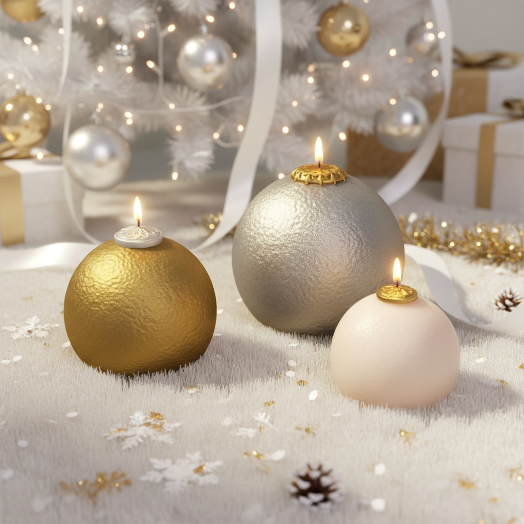 Lit hammered-metal bauble candles—gold, silver, and ivory—on a plush rug beneath a white Christmas tree with gifts and ornaments - Boowan Nicole