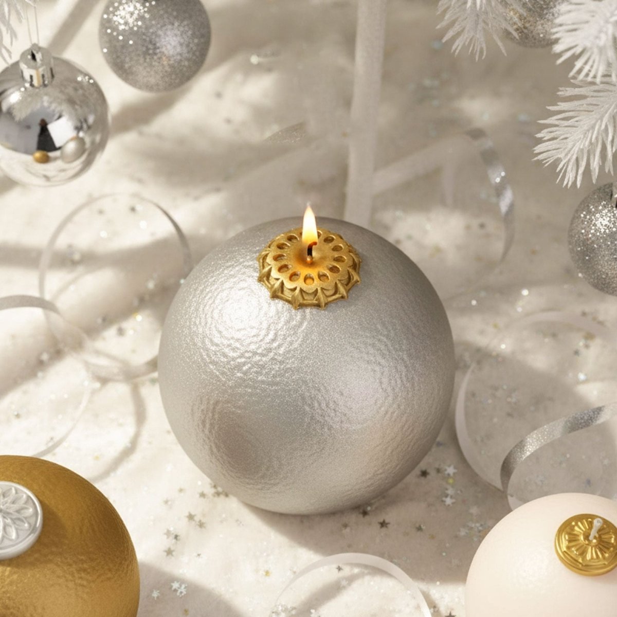 Lit silver hammered bauble candle with a gold cap, styled on a white holiday setting with silver ribbons and star confetti; gold and ivory candles nearby - Boowan Nicole