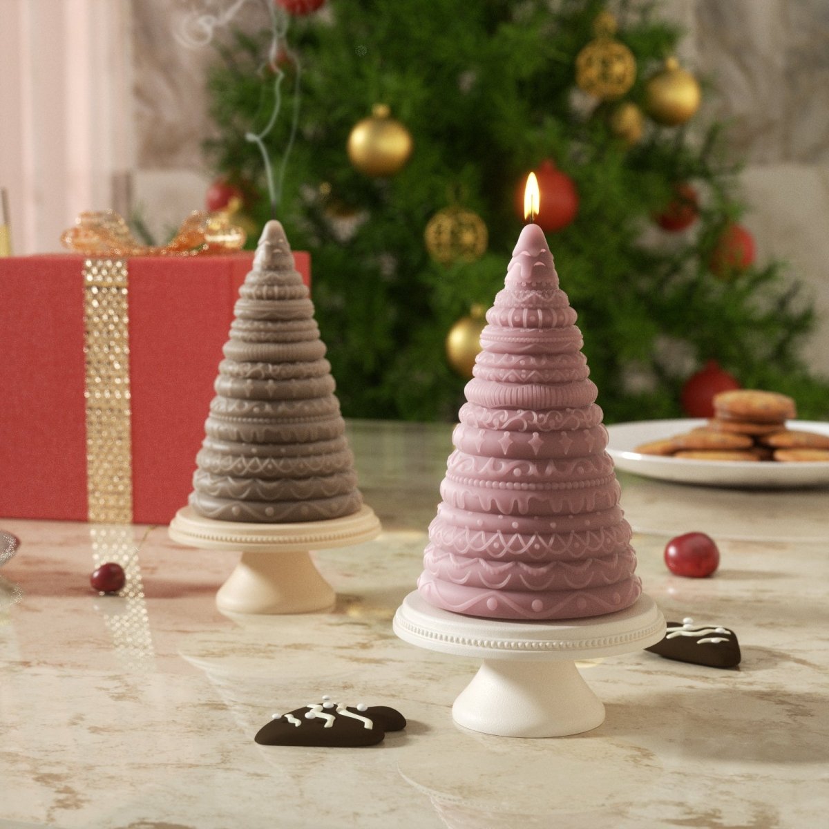 Frosted Confection Christmas Tree Candle Silicone Mold with Pedestal Silicone Mold3D Candle MoldLZ0789