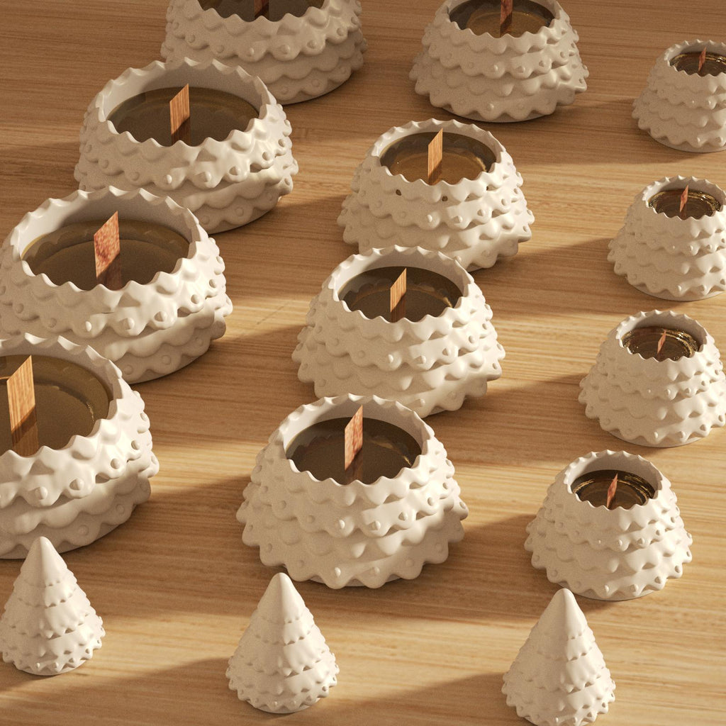 Batch of handcrafted Christmas tree candle jars with wooden wicks, arranged by size on a wooden surface, ready for festive use or gifting - Boowan Nicole