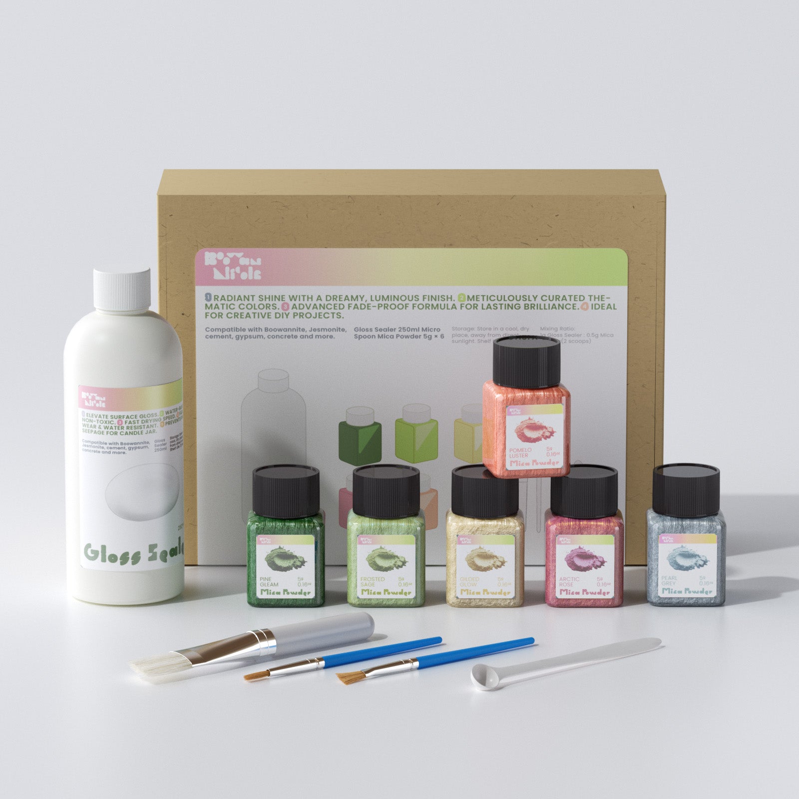 Glitter Colorable Acrylic Gloss Sealer Varnish with Mica Powder Kit - 6 of Aura Colors