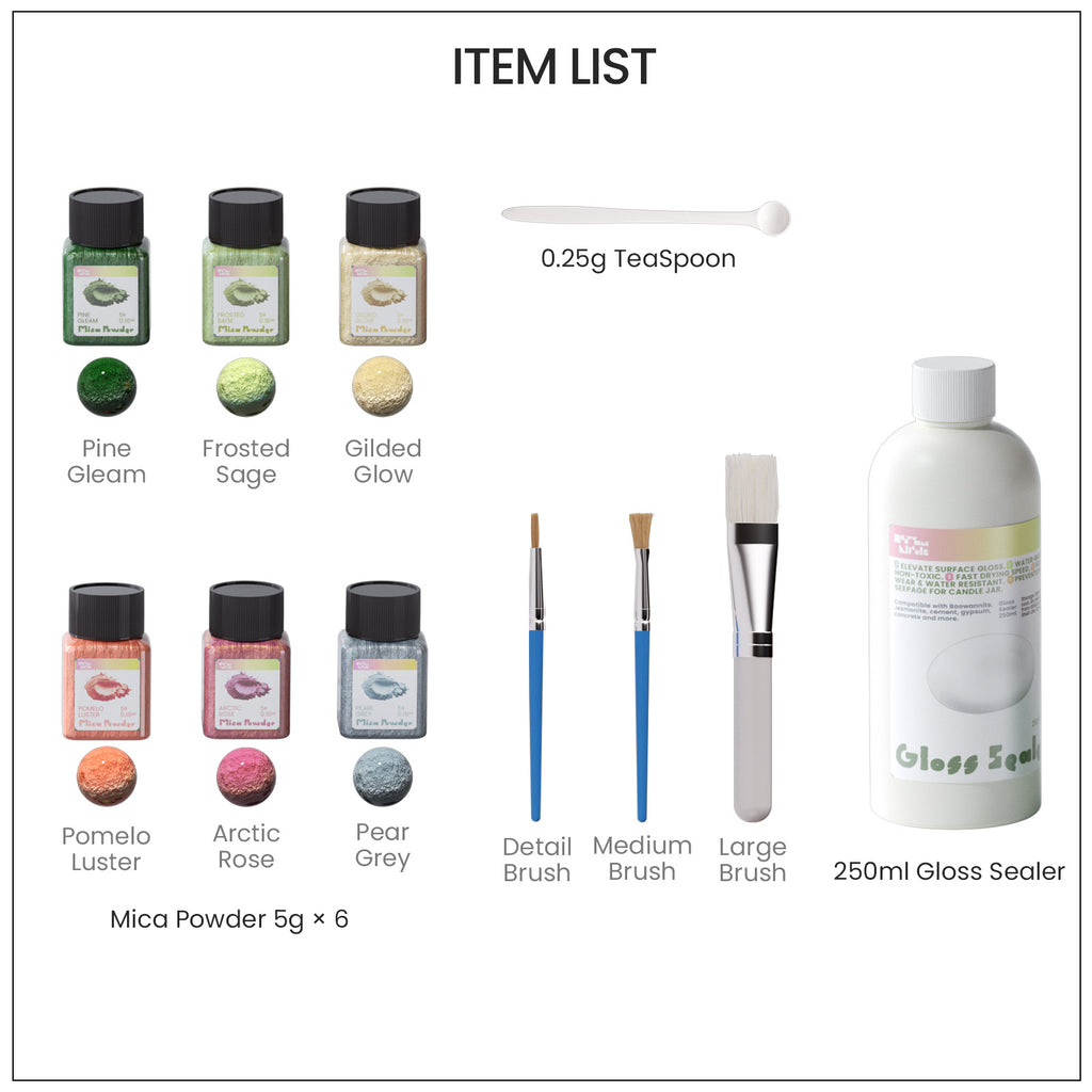 List of items including mica powders, brushes, and a gloss sealer on a white background.