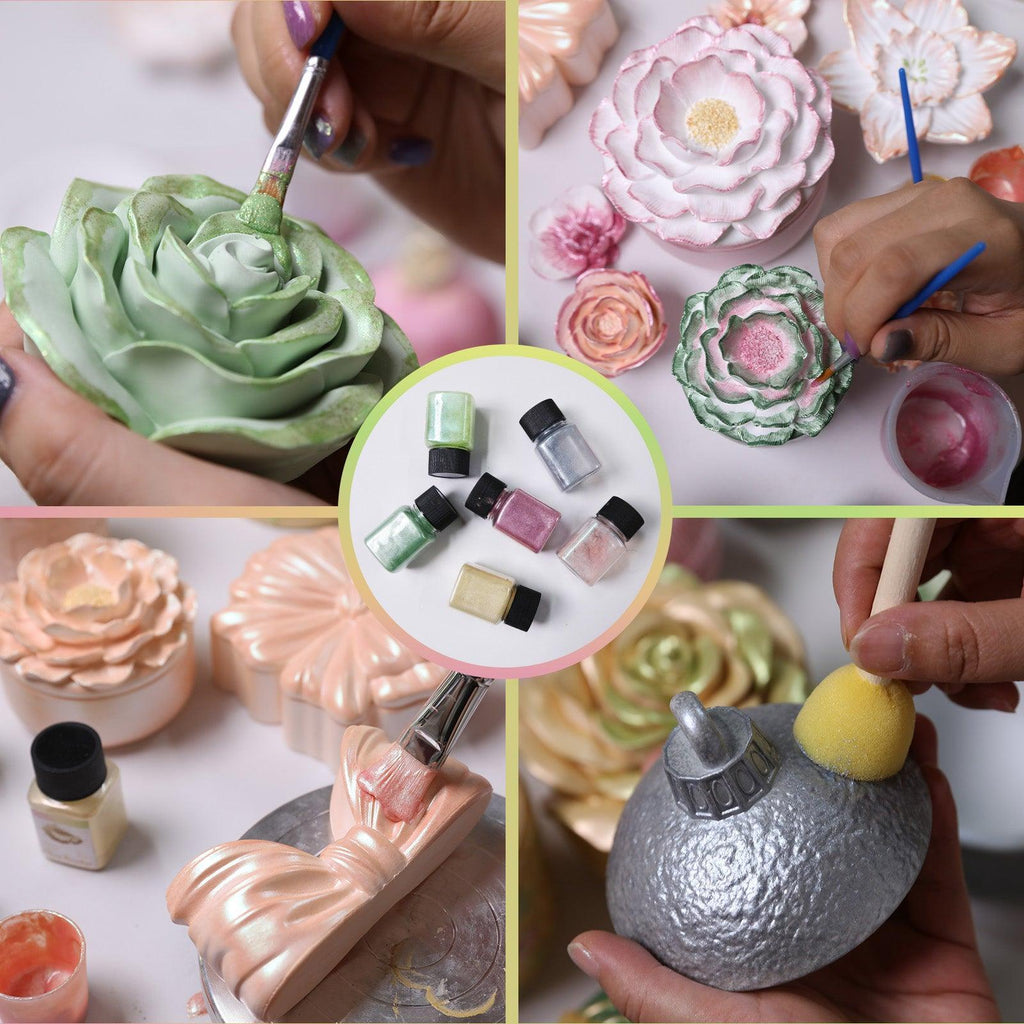 Crafters decorating flower and bow-shaped candle jars using mica powders, brushes, and sponges, showcasing DIY candle painting process - Boowan Nicole