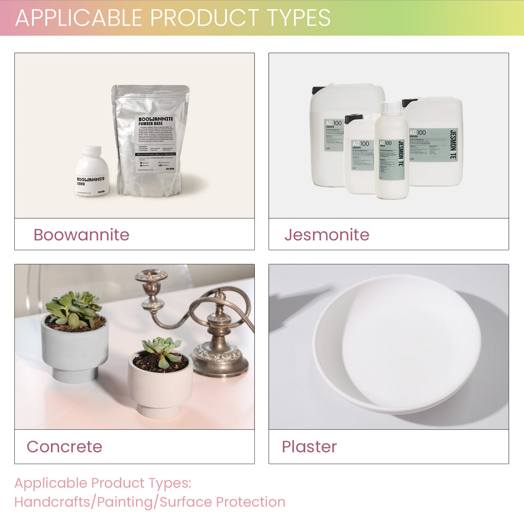 Applicable product types for mica powders and coatings: Boowannite, Jesmonite, concrete, and plaster, shown with sample containers - Boowan Nicole