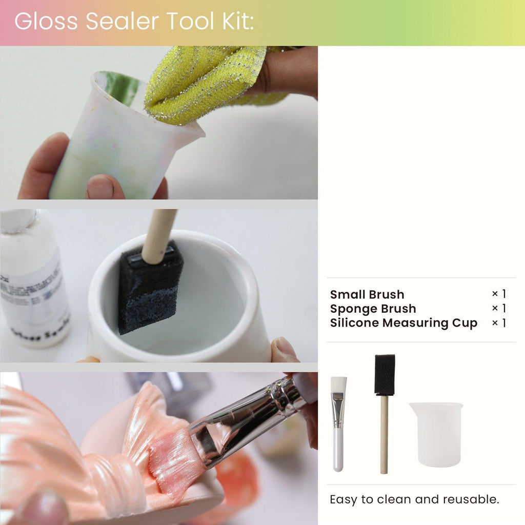 Gloss sealer tool kit including small brush, sponge brush, and silicone measuring cup, shown in use for DIY candle and craft decorating - Boowan Nicole